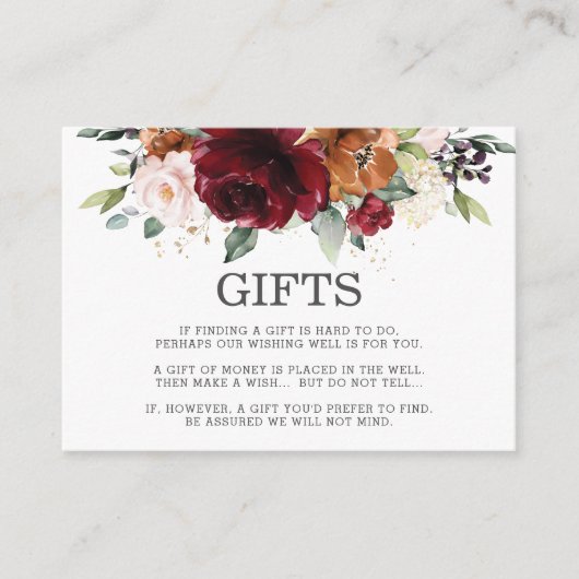 Bourgondië Blush Sinaasappel Bloemen Bruiloft Wish Informatiekaartje (Voorkant)