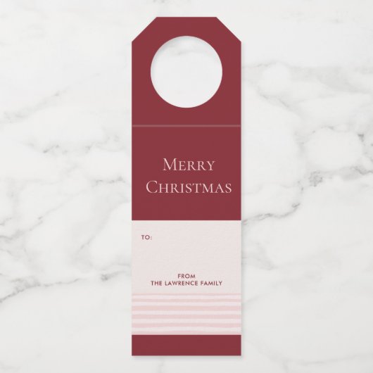 Bourgondië Blush Streep Vrolijk kerstcadeau Flessenhanger (Voorkant)
