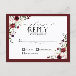 Bourgondië Blush Waterverf Bloemen Bruiloft RSVP I Uitnodiging Briefkaart