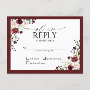 Bourgondië Blush Waterverf Bloemen Bruiloft RSVP I Uitnodiging Briefkaart