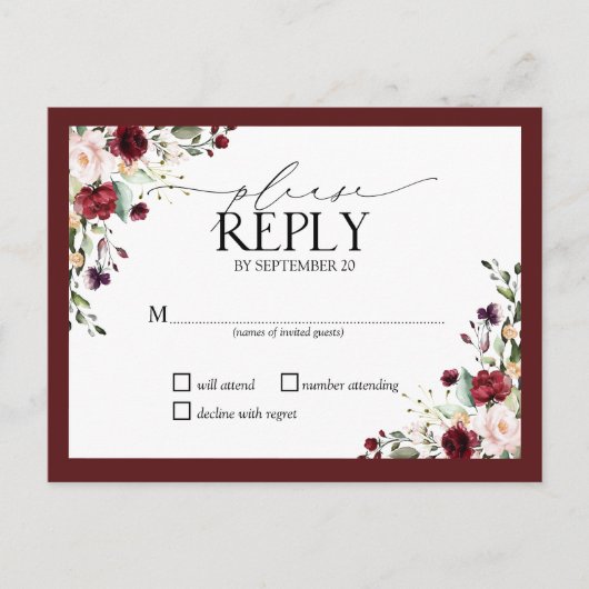 Bourgondië Blush Waterverf Bloemen Bruiloft RSVP I Uitnodiging Briefkaart (Voorkant)