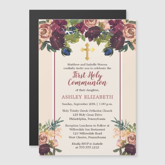 Bourgondië | Blush Waterverf Bloemen Communie Uitn Magnetische Uitnodiging (Voorkant / Achterkant)