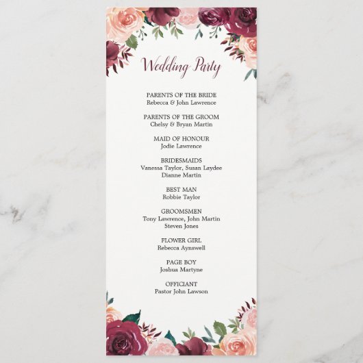 Bourgondië Blush Waterverf Herfst Bloemen Bruiloft Programmakaart (Achterkant)