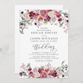 Bourgondië & Blush Waterverf pioen Rozen bruiloft Kaart (Voorkant / Achterkant)
