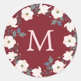 Bourgondië Blush Wreath Monogram Kerstvakantie Ronde Sticker