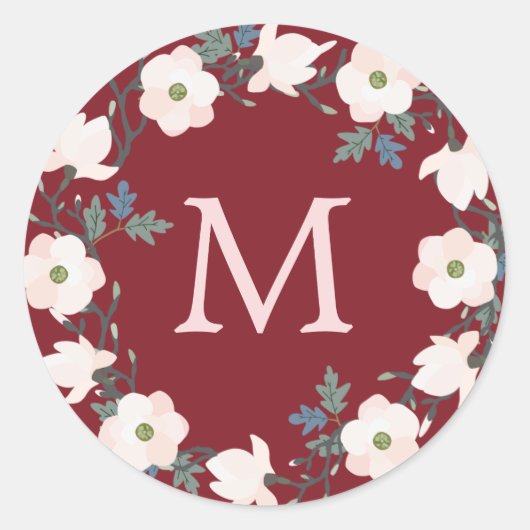 Bourgondië Blush Wreath Monogram Kerstvakantie Ronde Sticker (Voorkant)