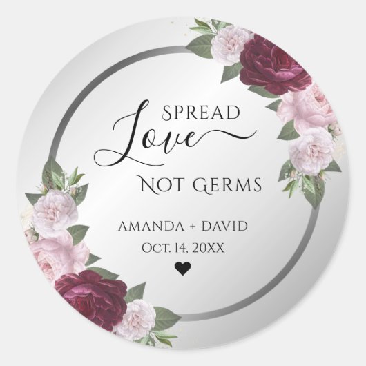 Bourgondië Blush Zilver Bloemen Spread Liefde Ronde Sticker (Voorkant)