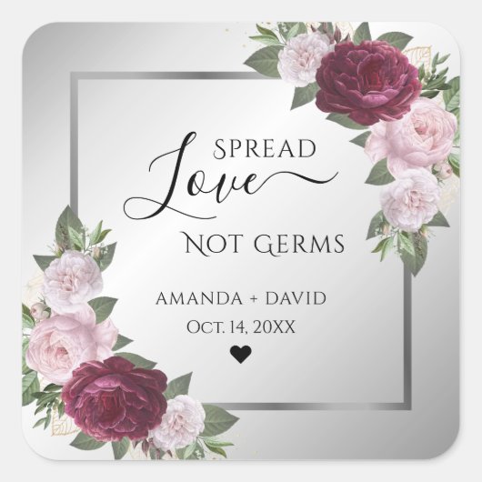 Bourgondië Blush Zilver Bloemen Spread Liefde Vierkante Sticker (Voorkant)