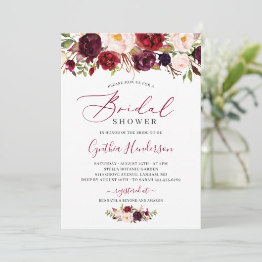 Bourgondië Boho Bloem Calligrafie Bruiloft Feest Kaart (Staand voorkant)