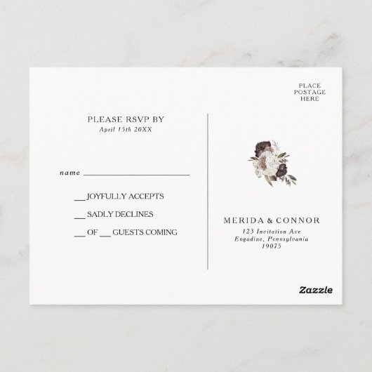 Bourgondië Boho Bloemen Bruiloft RSVP Briefkaart (Achterkant)