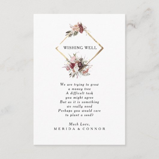 Bourgondië Boho Bloemen bruiloft Wishing Well Kaar Informatiekaartje (Voorkant)