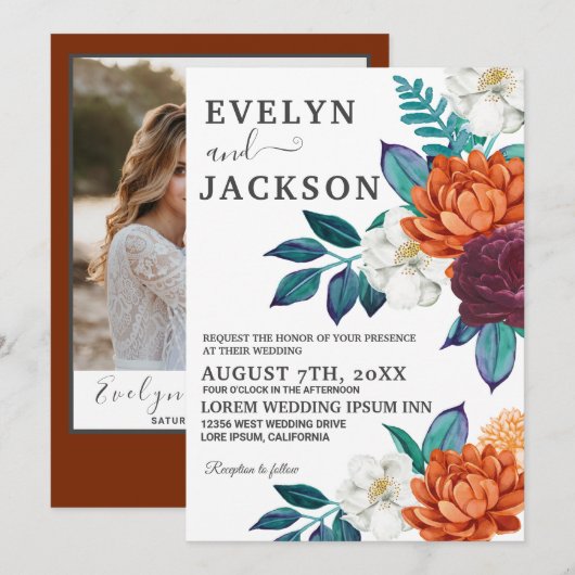 Bourgondië Boho Bloemen Foto Herfst Bruiloft Kaart (Voorkant / Achterkant)
