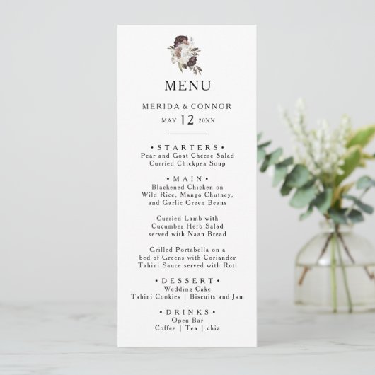 Bourgondië Boho Bloemenbruiloft Diner Menu (Staand voorkant)