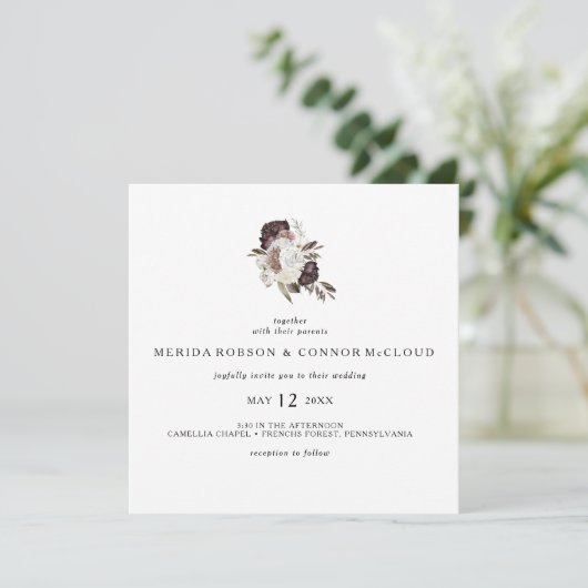 Bourgondië Boho Bloemenplein bruiloft uitnodiging (Staand voorkant)