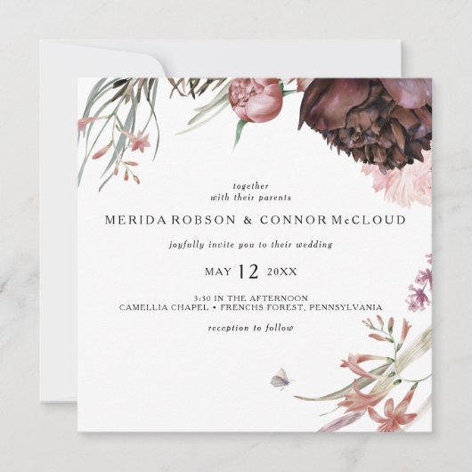 Bourgondië Boho Bloemenplein bruiloft uitnodiging (Voorkant)