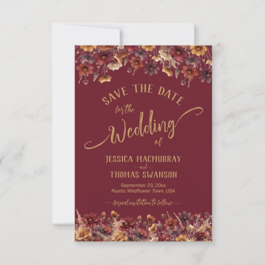 Bourgondië Boho Chic Wilde Bloemen Calligrafie Tro Save The Date (Voorkant)