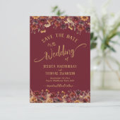 Bourgondië Boho Chic Wilde Bloemen Calligrafie Tro Save The Date (Staand voorkant)