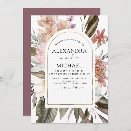 Bourgondië Boho Floral bruiloft Kaart (Voorkant / Achterkant)