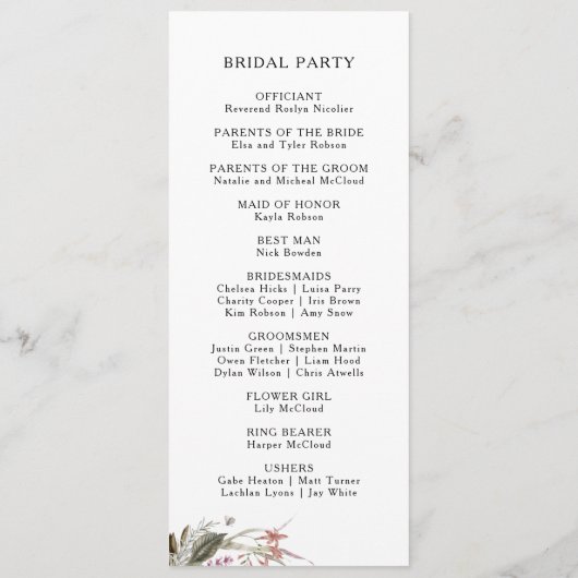 Bourgondië Boho Floral bruiloft programma Programmakaart (Achterkant)