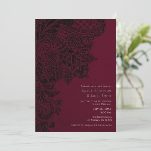 Bourgondië Bordeaux Zwarte Kant Bruiloft Kaart (Staand voorkant)