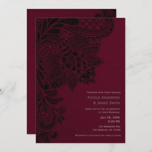 Bourgondië Bordeaux Zwarte Kant Bruiloft Kaart (Voorkant / Achterkant)