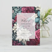 Bourgondië, bos groen en houtskool bloemenbruiloft kaart (Staand voorkant)