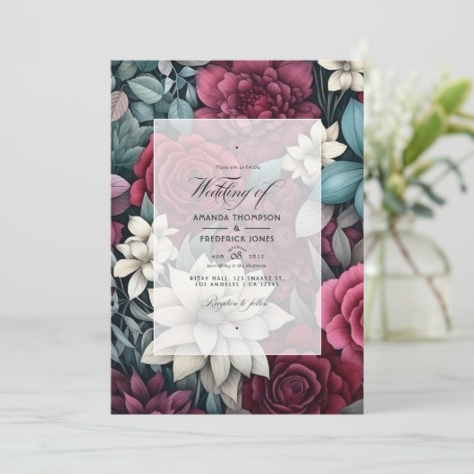 Bourgondië, bos groen en houtskool bloemenbruiloft kaart (Staand voorkant)