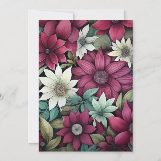 Bourgondië, bos groen en houtskool bloemenbruiloft kaart (Achterkant)