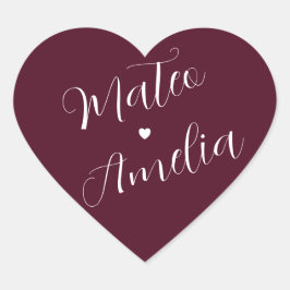 Bourgondië Bruid en Bruidegom Namen op Hart Vormig Sticker