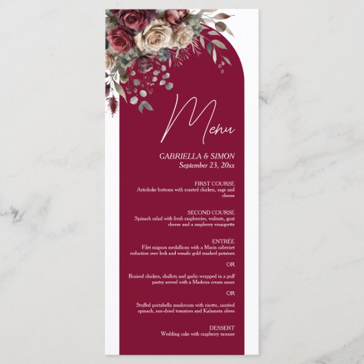 Bourgondië & Crème Rozen Elegant Boog Huwelijk Menu (Voorkant)