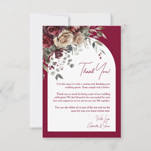 Bourgondië & Crème Rozen Modern Arch Elegant Huwel Bedankkaart (Voorkant)