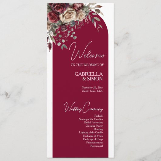 Bourgondië & Crème Rozen Stijlvolle Boog Huwelijk Programmakaart (Voorkant)