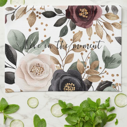 Bourgondië Crème Zwart Bloemmotief Theedoek (Gevouwen)