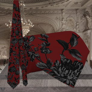 Bourgondie Donkerrood & Zwart Bloemmotief Bruiloft Stropdas