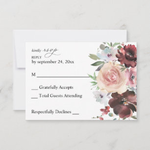 Bourgondië & Dusty Blush Roze 5 Bloemen Geen Maalt RSVP Kaartje