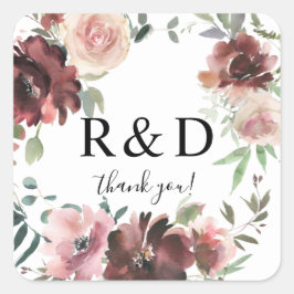 Bourgondië & Dusty Blush Roze Bloemen Monogram Vierkante Sticker