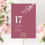 Bourgondië Elegante, Minimale Botanische Bruiloft Kaart<br><div class="desc">Breng uw gasten naar hun tafel met deze elegante bordeauxrode en witte tafelnummerkaart voor uw trouwfeest. Stijlvol en eenvoudig ontwerp met namen aan de zijkant samen met de "en" in moderne handgeschreven kalligrafie. Delicate handgetekende botanische groene hoekdetail. Gelieve een individuele bestelling te plaatsen voor "elk" tafelnummer (d.w.z. voor een evenement...</div>