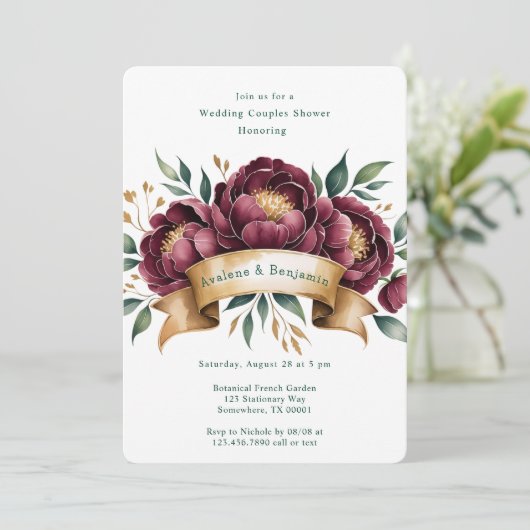 Bourgondië & Emerald Peony bruiloft koppels douche Kaart (Staand voorkant)