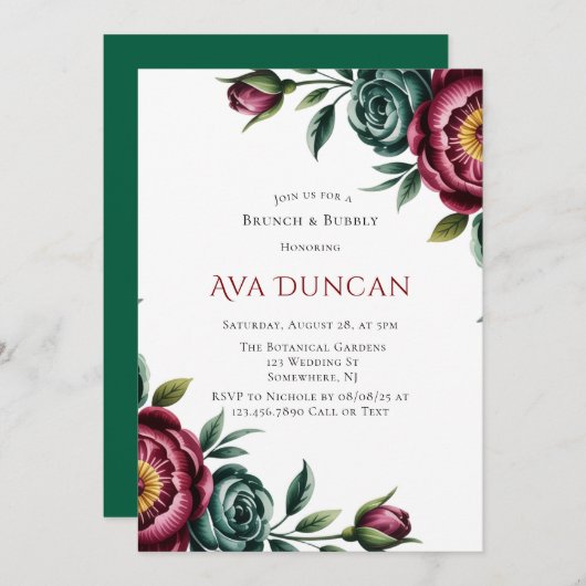 Bourgondië & Emerald Peony Winter Brunch & Bubbly Kaart (Voorkant / Achterkant)