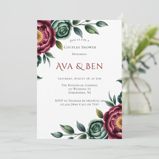 Bourgondië & Emerald Peony Winter Paren Douche Kaart (Staand voorkant)