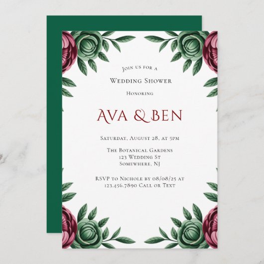 Bourgondië & Emerald Peony Winter Trouwdouche Kaart (Voorkant / Achterkant)