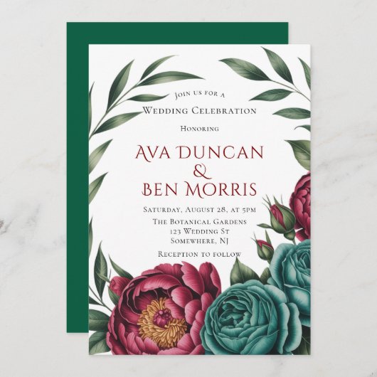 Bourgondië & Emerald Peony Winter Wedding Kaart (Voorkant / Achterkant)