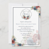 Bourgondië en Blauwe Bloemen Brandweerman Monogram Kaart (Voorkant)