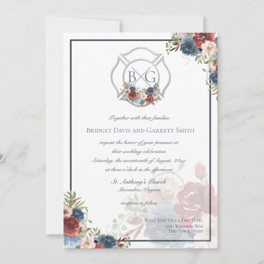 Bourgondië en Blauwe Bloemen Brandweerman Monogram Kaart (Voorkant)