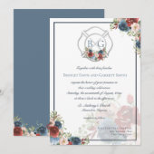 Bourgondië en Blauwe Bloemen Brandweerman Monogram Kaart (Voorkant / Achterkant)