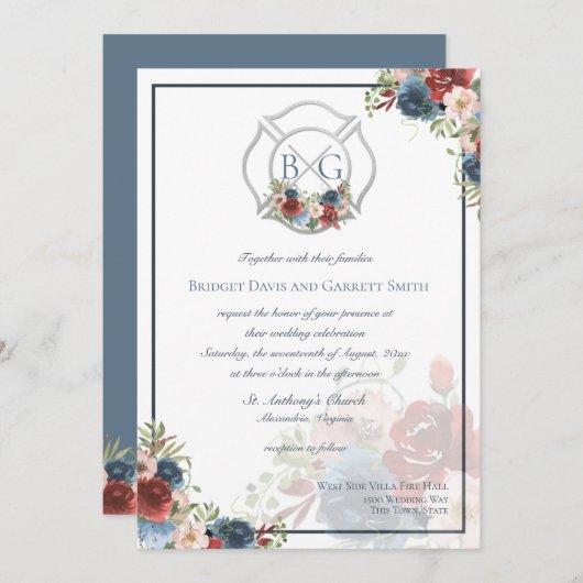 Bourgondië en Blauwe Bloemen Brandweerman Monogram Kaart (Voorkant / Achterkant)