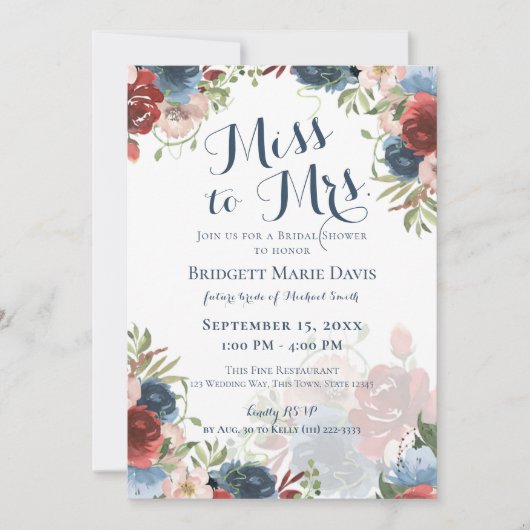 Bourgondië en blauwe bloemen Miss Mrs. Bridal Show Kaart (Voorkant)