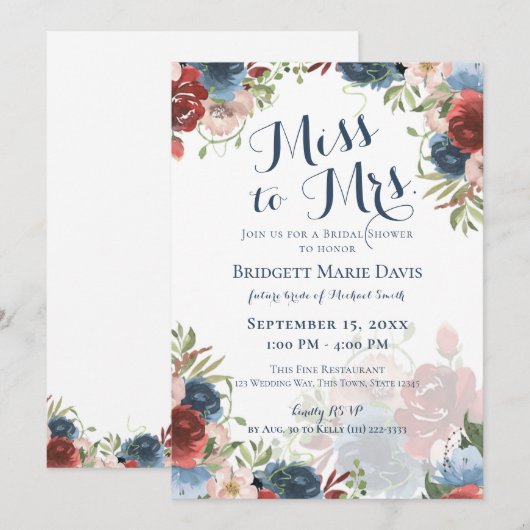 Bourgondië en blauwe bloemen Miss Mrs. Bridal Show Kaart (Voorkant / Achterkant)