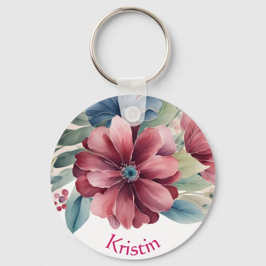 Bourgondie en Blauwe Bloemen Sleutelhanger (Voorkant)