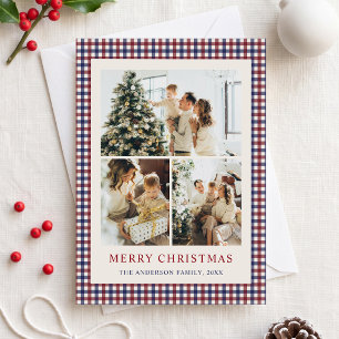 Bourgondie en Blauwe Gingham Kerst Foto Collage Feestdagenkaart